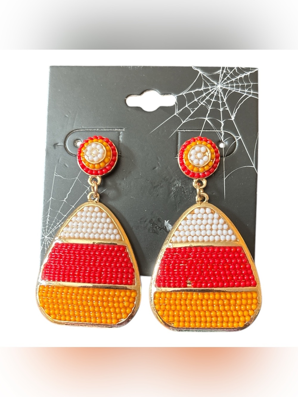 Candy corn Beaded Red, Orange & White Drop Earrings few beads missing see pic